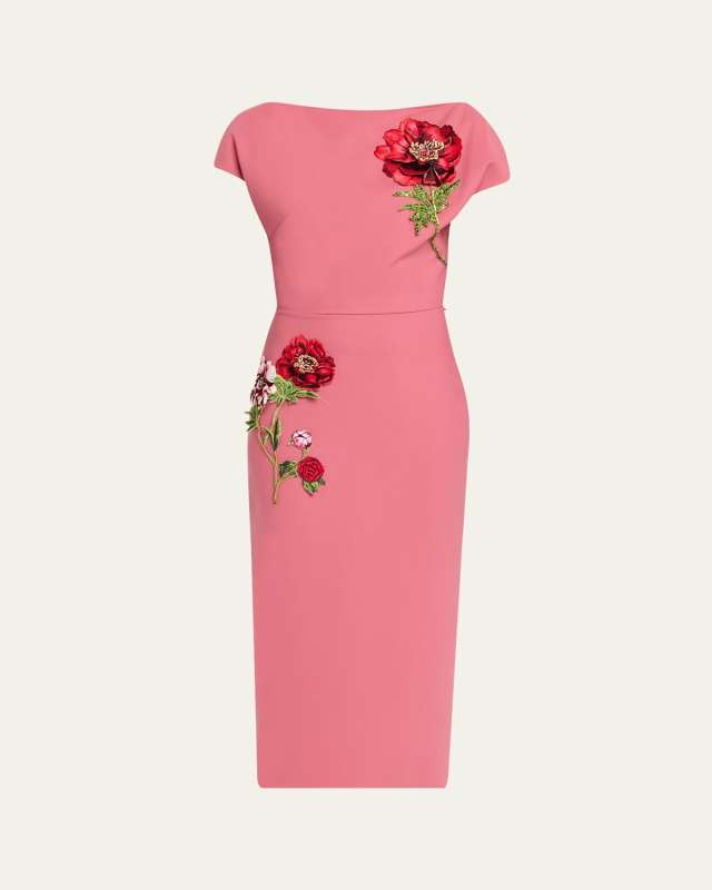 Floral Embroidered Short-Sleeve Wool Midi Dress